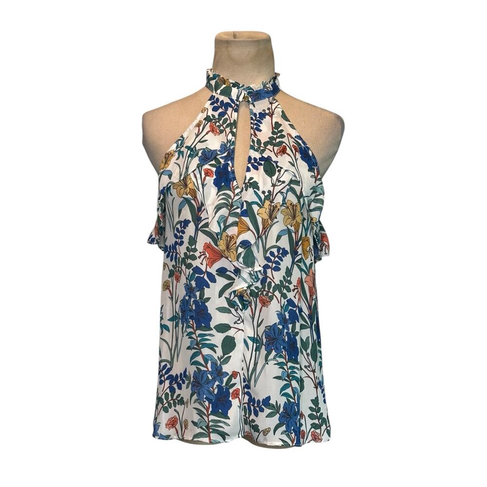 Parker Blue Yellow Floral Sleeveless Ruffled Choker Blouse size small